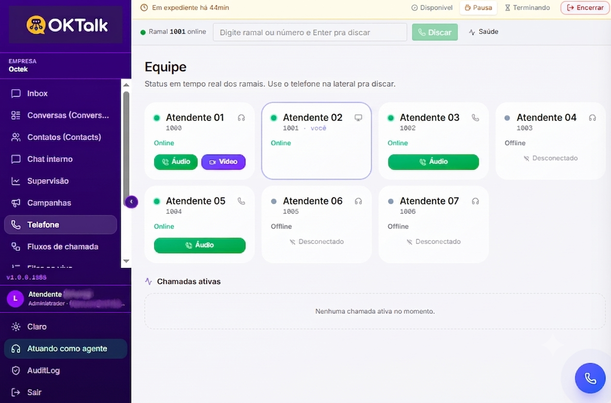 Painel de ramais OkTalk — status em tempo real e discagem direta