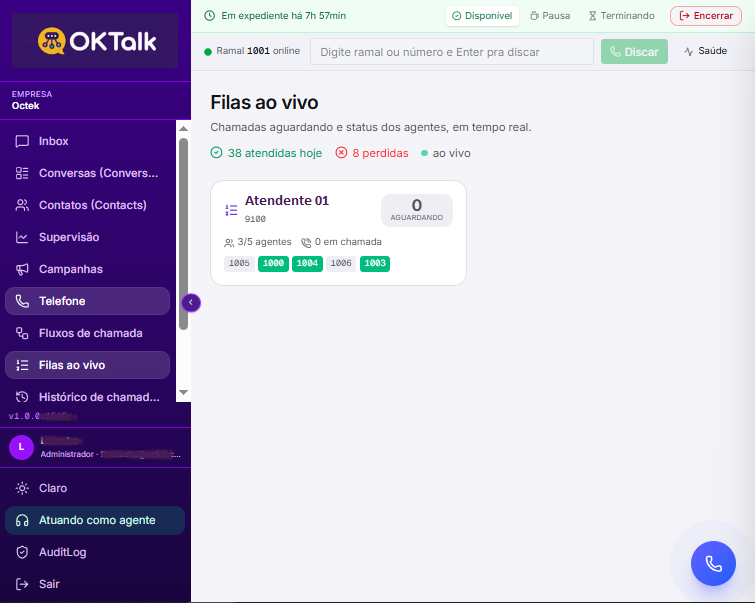 Filas unificadas OkTalk — voz e WhatsApp na mesma tela
