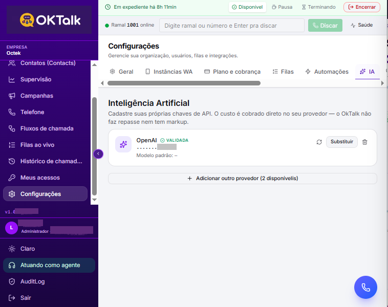 IA sem markup — configuração com chave própria OpenAI no OkTalk